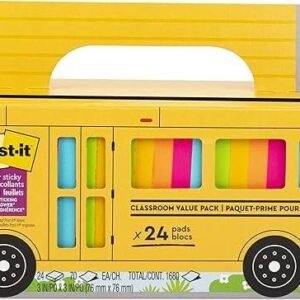 Post-it Super Sticky Notes Value Pack, 24 Pads, Convenient School Bus Carry and Storage Case, 2X The Sticking Power, 3x3 in, Bright Colors (Orange, Pink, Blue, Green, Yellow), Recyclable (654-24SSBUS)
